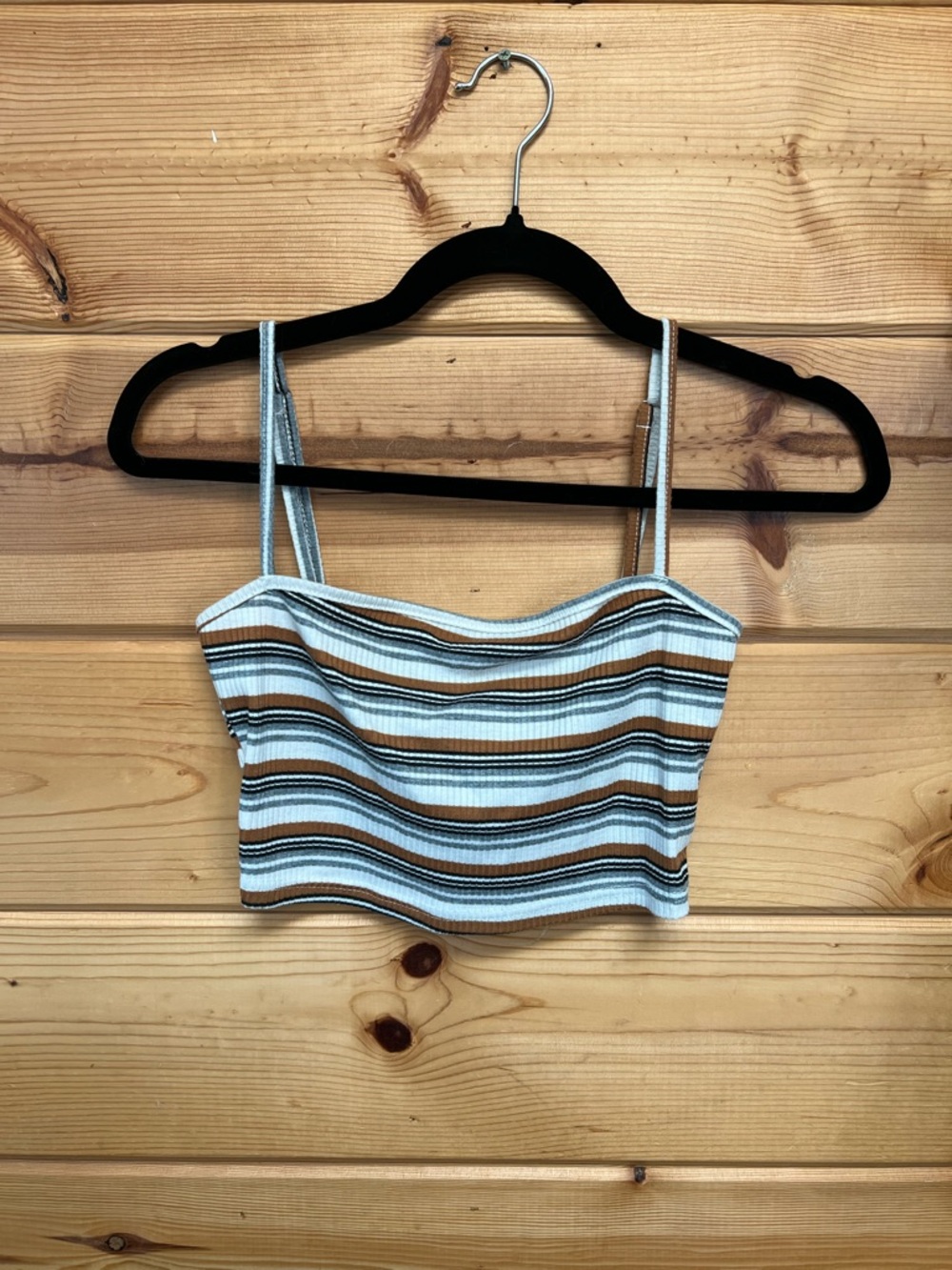 Shein Striped Ribbed Crop Tank Top - Light Blue & Brown